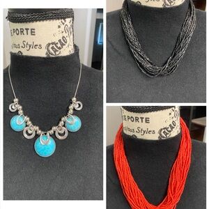 Set of Three Beaded Necklaces - Turquoise, Black, Red